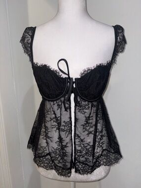 Victoria's Secret Black Lace Babydoll Chemise with Tie Front